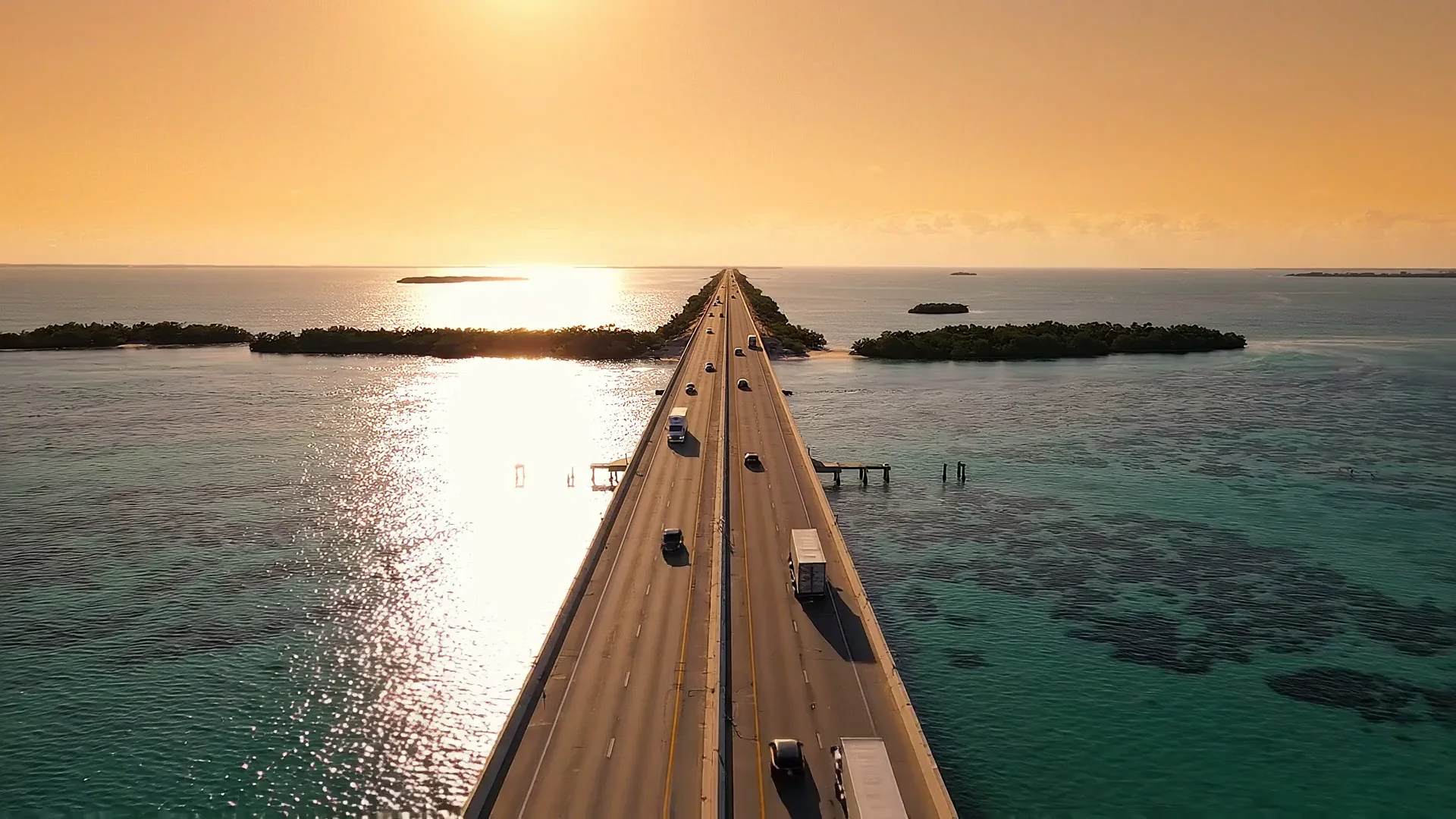 Aerial view of the Overseas Highway bridge across the Florida Keys at golden hour